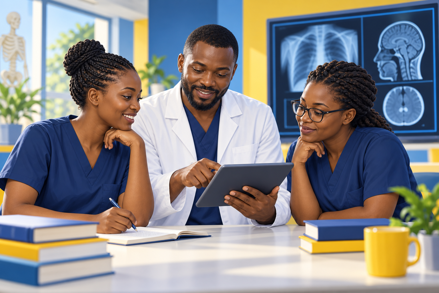 Illustration of radiography professionals discussing learning together